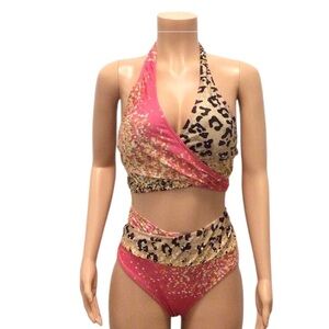 NWOT Fashion Womens 2pc Pink Leopard Print Surprise V-Neck Bikini Set Size 2XL